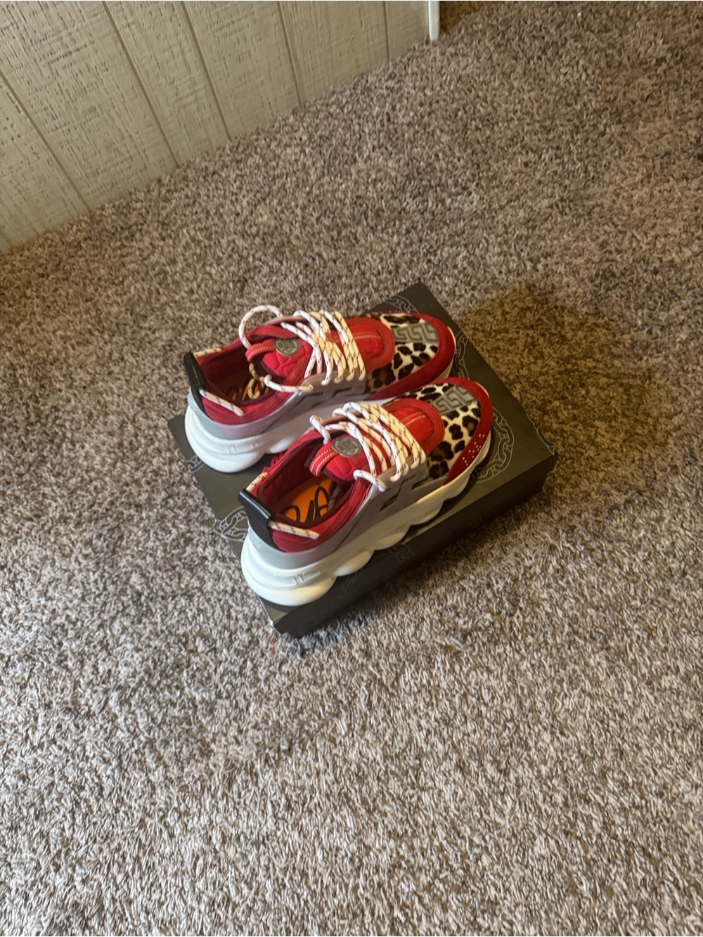 Versace Red Leopard-Accent Chunky Sneakers with White Sole